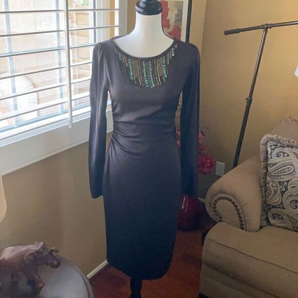 Ellie Tahari Black Long Sleeve Ruched Dress, Sz 4 - Picture 1 of 6